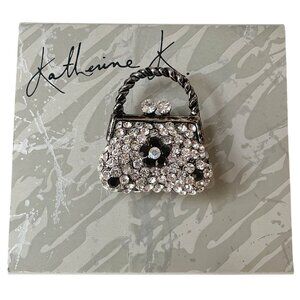 Katherine K Antique Silver Tone Black & White Crystal Handbag Purse Pin Brooch